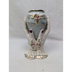 Vintage Retro Betsons Blue Porcelain Elegant Lady Hands Holding Blue Bud Vase
